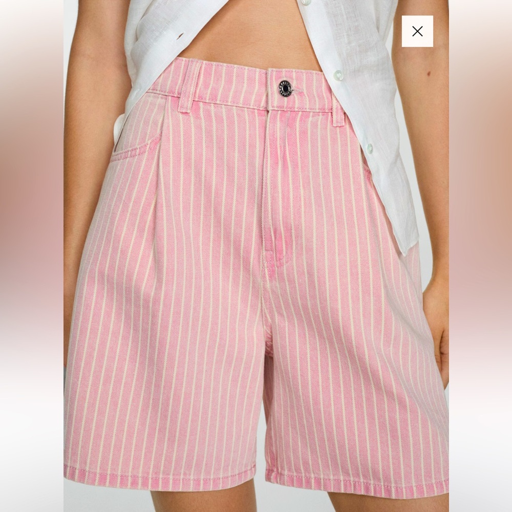MANGO Striped Denim Shorts Pink